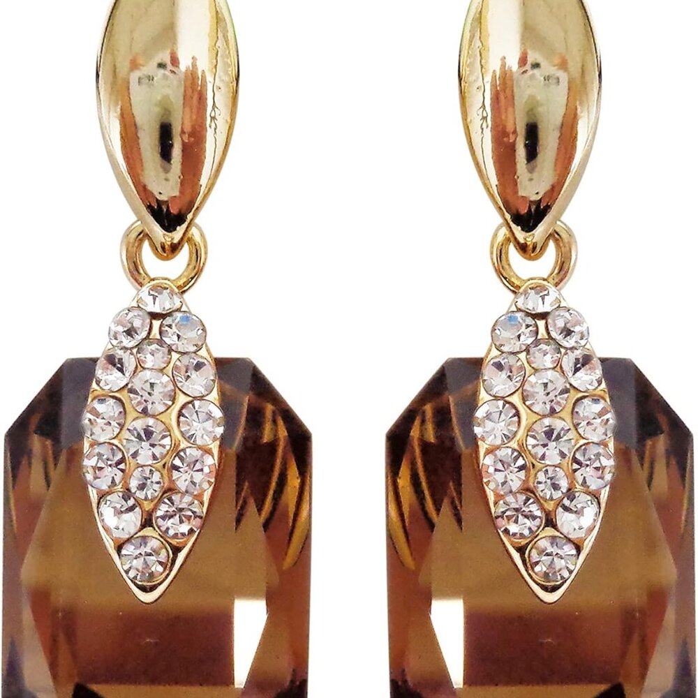 18k Gold Plated Dangle Zircon Crystal White Earrings, Brown